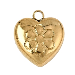 Doré  304 charmes en acier inoxydable, coeur avec breloques fleurs, or, 14.5x12.5x5mm, Trou: 1.8mm