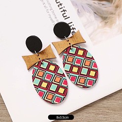 Oval Серьги-гвоздики из дерева и сплава, платина, овальные, 80x35 мм