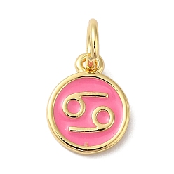 Бледно-Розовый Настоящие золотые латунные эмалевые брелоки 18 k, с целью перехода в кольце, долговечный, без свинца и без кадмия, плоский круглый с подвесками в форме рака, розовый жемчуг, 10x8x1 мм, отверстие : 4 мм