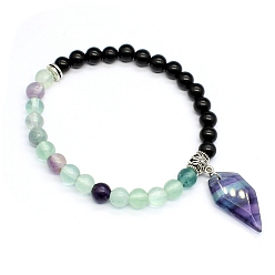 Флюорит Эластичные браслеты из натурального обсидиана и флюорита, браслеты с подвесками для женщин, форма ножа, внутренний диаметр: 2-3/8 дюйм (6 см)