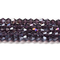 Violet Transparent Electroplate Glass Beads Strands, AB Color Plated, Faceted, Bicone, Violet, 4x4mm, Hole: 0.8mm, about 82~85pcs/strand, 12.01~12.2 inch(30.5~31cm)