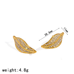 Leaf 304 Stainless Steel & Crystal Rhinestone Stud Earrings for Women, Golden, Leaf, 28.3x11mm