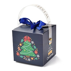 Christmas Tree Christmas Folding Gift Boxes, with Transparent Window and Ribbon, Gift Wrapping Bags, for Presents Candies Cookies, Christmas Tree Pattern, 9x9x15cm