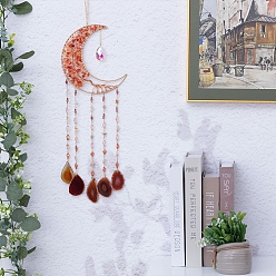 Золотой Луна из натурального сердолика, завернутая в проволоку, с подвесными ловцами солнца в виде дерева жизни, с кусочком натурального агата и стеклянной подвеской для украшения стен дома, золотые, 580x180 мм