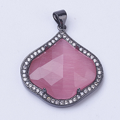 Gunmetal Brass Cat Eye Pendant, with Micro Pave Cubic Zirconia, Faceted, Long-Lasting Plated, Petal, Hot Pink, Gunmetal, 28x25x5mm, Hole: 3.5x4mm
