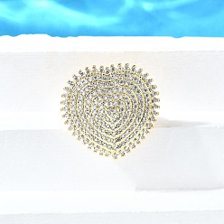 Настоящее золото 18K Латунные микро проложить манжеты кольца кубического циркония, сердце, открытые кольца для женщин, без кадмия и без свинца, реальный 18 k позолоченный, 26x27 мм, внутренний диаметр: 17 мм