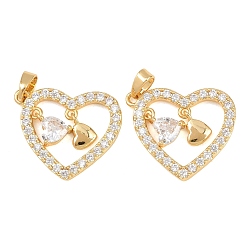 Сердце Латунные микропаве прозрачные подвески с фианитом, золотые, сердце, 17.5x21x4 мм, отверстие : 5x2.5 мм