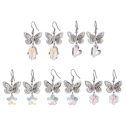 Mixed Shapes Filigree 3D Butterfly Platinum Brass Dangle Earrings, Glass Drop Earrings, Mixed Shapes, 43~50x23mm