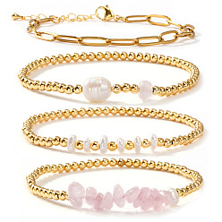 Cuarzo Rosa 4 piezas 4 estilos de pulseras elásticas de latón y cuarzo rosa natural con cuentas de perlas de imitación y 304 conjunto de pulseras de cadena de clip de papel de acero inoxidable para mujer, rondo, dorado, 6.50 pulgada (16.5 cm) ~ 6.89 pulgada (17.5 cm)