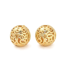 Золотой Латунные бусины, полые круглые с цветочным узором, золотые, 10 мм, отверстие : 1.8 мм