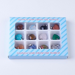 Mixed Stone Natural & Synthetic Mixed Gemstone Pendants, with Platinum Tone Brass Findings, Heart, 17.5~18x16~17x7.5~8mm, Hole: 4x7.5mm, about 12pcs/box, Packaging Box: 131x99x19mm