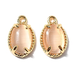 Персиковый Слойка Овальные латунные подвески, с кошачий глаз, без никеля , реальный 18 k позолоченный, розовые, 10x6.5x4 мм, отверстие : 0.9 мм