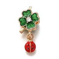 Золотой Подвеска из сплава с кристаллами и стразами в европейском стиле, Подвески с большими отверстиями в виде божьей коровки и клевера с зеленой и красной эмалью, золотые, 23 мм, отверстие : 4.5 мм