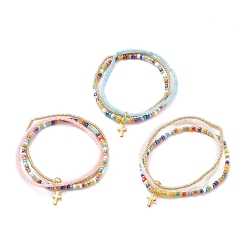 Couleur Mélangete Bracelets multi-brins de perles de rocaille de verre, avec breloques croix en acier inoxydable 304 plaqué or, couleur mixte, diamètre intérieur: 2-3/8 pouce (5.9 cm)