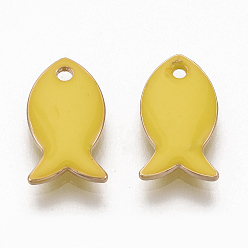 Yellow Raw(Unplated) Brass Enamel Charms, Enamelled Sequins, Jesus Fish, Nickel Free, Yellow, 13.5x7.5x2mm, Hole: 1.4mm