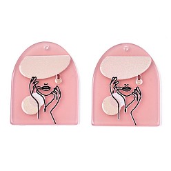 Salmon Translucent Cellulose Acetate(Resin) Pendants, 3D Printed, Half Oval with Woman, Salmon, 36x28x2.5mm, Hole: 1.5mm