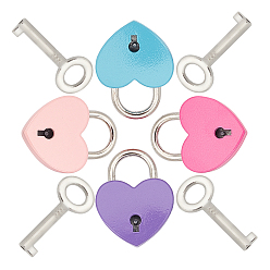 Mixed Color 4 Sets 4 Colors Alloy Padlock Mini Lock with Key, for Jewelry Box Storage Box Diary Book, Heart, Mixed Color, 25x32x6.5mm, 1set/color