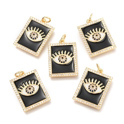 Negro Latón micro pavimenta claro colgantes de circonio cúbico, larga duración plateado, con anillas y esmalte, real 18 k chapado en oro, Rectángulo con los ojos, negro, 21x15x3 mm, agujero: 3 mm