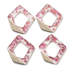 Светло-Вишневый Деревянные подвески, смола и золотая фольга, многоугольник, светло-вишневый, 36x33x4 мм, отверстие : 2 мм