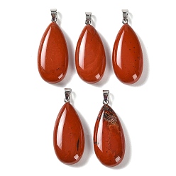 Red Jasper Natural Red Jasper Pendants, with 304 Stainless Steel Snap on Bails, Teardrop Charm, 44x20x9mm, Hole: 7x4mm