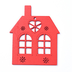 Красный Большие подвески из натурального дерева тополь, окрашеные, на Рождество, дом, красные, 78.5x65.5x2.5 мм, отверстие : 2.5 мм