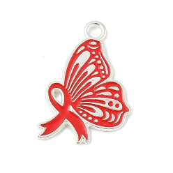 Бабочка Нет наркотикам красная лента осведомленности тема сплава эмалевые подвески, серебряные, бабочка, 22x21.5x1.5 мм, отверстие : 2 мм
