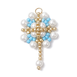 Светло-Голубой Подвески-цветы из стеклянных бус, со стеклянными жемчужными бусинами и 304 соединительными кольцами из нержавеющей стали, реальный 18 k позолоченный, Небесно-голубой, 32x20x6.5 мм, отверстие : 3 мм