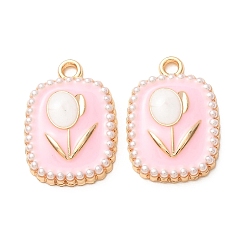 Pink Подвески из эмали и сплава, прямоугольник с цветочным узором подвески, с пластмассовой жемчужиной abs, стойки покрытие, золотые, розовые, 22x15x4 мм, отверстие : 2 мм