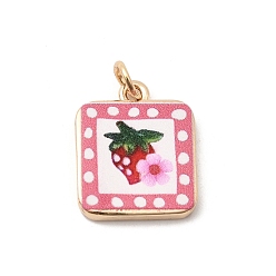 Квадрат Латунные подвески с принтом, подвески в виде клубники с цветочным узором, золотые, с целью перехода в кольце, квадратный, 17.5x15x3 мм, отверстие : 3.5 мм