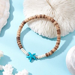 Морская звезда Натуральный кокос с синтетическими бирюзовыми бусинами эластичные браслеты для мужчин и женщин, морская звезда, внутренний диаметр: 2 дюйм (5 см), звезды: 13x14x5 мм