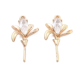 Настоящее золото 18K Латунные подвески, прелести цветка тюльпана, со стеклом, реальный 18 k позолоченный, 29x16x3 мм, отверстие : 1.8 мм