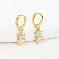 Letter F Латунные серьги-кольца из прозрачного кубического циркония, золотые, Буква F, 25x8 мм