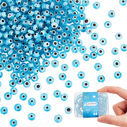 Светло-Синий Ручной зло бусины глаз, плоско-круглые, голубой, 4.5x2.5 мм, отверстие : 0.6 мм, около 90~100 шт / нитка, 15.35''~15.75'' (39~40 см), 4 пряди / коробка