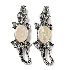 PapayaWhip Dual-use Items Alloy Crocodile Brooch, with Natural Paua Shell, Antique Silver, PapayaWhip, 67.5x24x6mm