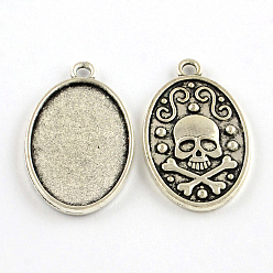 Antique Silver Oval Carved Skull Tibetan Style Alloy Pendant Cabochon Open Back Settings, Plain Edge Bezel Cups, Lead Free & Cadmium Free, Antique Silver, Tray: 30x20mm, 37x22.5x3mm, Hole: 3mm,  about 215pcs/1000g