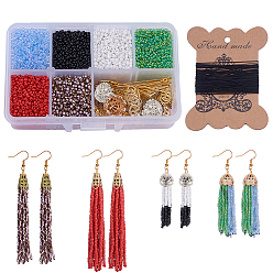 Mixed Color DIY Tassel Earring Making, with Glass Seed Bead, Cardboard Display Card, Iron Sewing Needles, Brass Earring Hook, Brass Eye Pin and Metal Beads, Mixed Color, 11x7x3cm