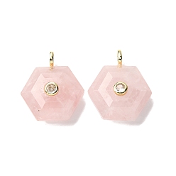 Розовый Кварц Природного розового кварца подвески, граненые шестиугольные подвески с латунной микропаве из прозрачных кубических цирконий, золотые, 21~22x19~20x6.5~7.5 мм, отверстие : 3.5x2.5 мм