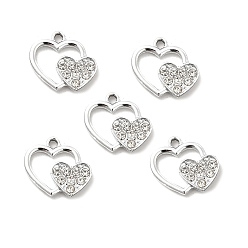 Crystal Alloy Rhinestone Pendants, Platinum Tone Double Heart Charms, Crystal, 16.5x18x2.5mm, Hole: 2mm