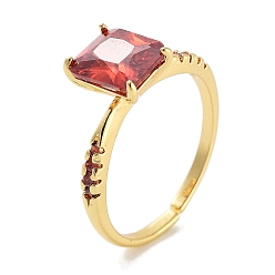 Красный Прямоугольная стойка покрытие латунь микропаве кубический цирконий солитер кольцо, манжеты для женщин, долговечный, без свинца и без кадмия, красные, Прямоугольник: 9x7 мм, регулируемый