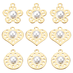 Creamy White 18Pcs 3 Style Brass Pendants, with ABS Plastic Imitation Pearl Beads, Nickel Free, Real 18K Gold Plated, Creamy White, 16x14x6mm, Hole: 1.6mm, 6pcs/style