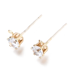 Real 14K Gold Plated Brass Micro Pave Clear Cubic Zirconia Stud Earring Findings, Nickel Free, with 925 Sterling Silver Pins and Loop, Long-Lasting Plated, Real 14K Gold Plated, 7.8x4.5x5.8mm, Hole: 0.8mm, Pin: 0.7mm