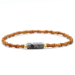 Лабрадорита Браслеты-колонны из натурального лабрадорита, Эластичные браслеты ручной работы из бамбука с оливковой косточкой и бисером для женщин и мужчин, 7-7/8 дюйм (20 см)