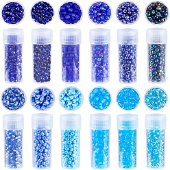 Blue 12 Colors Round Glass Seed Beads, Round, with 24Pcs Transparent Plastic Refillable Bottles, Blue, 3mm, 120g