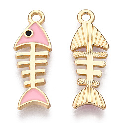 Pink Alloy Pendants, with Enamel, Light Gold, Fishbone, Pink, 23x8x2mm, Hole: 1.8mm
