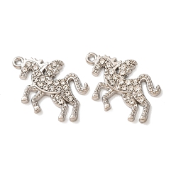 Platino Colgantes de aleación de rhinestone, encantos de unicornio, Platino, 17.6x27x2 mm, agujero: 1.2~1.4 mm