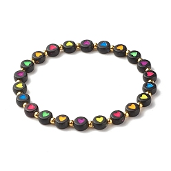 Черный Плоский круглый эластичный браслет с сердцем из бисера для женщин, золотые, чёрные, внутренний диаметр: 2-1/4 дюйм (5.7 см)