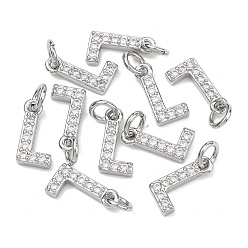 Letter L Colgantes Shegrace de latón con microengaste de circonitas cúbicas transparentes, sin níquel, 925 chapado en plata de ley, Dijes de la letra l, 12x6x2.5 mm, anillo de salto: 5x1 mm, diámetro interior: 3 mm
