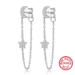 Platinum Rhodium Plated 925 Sterling Silver Moon & Star Stud Earrings, Chains Tassel Earrings, with 925 Stamp, Platinum, 67mm