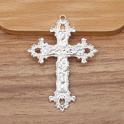 Серебро Большие сплавочные подвески, крест с цветком, серебряные, 74x52 мм