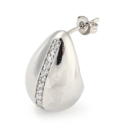 Platinum Brass with Cubic Zirconia Stud Earrings, Teardrop, Platinum, 21x14mm.